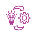 Purple icon of a light bulb and gears with circular arrows, symbolising innovation in renewable technology.